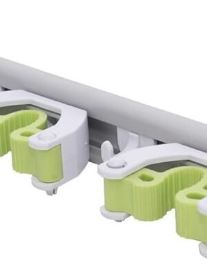Mop and Broom Holder - Hanging Wall Mount Storage Rack with 3 Slots and 6 Hooks - Adjustable Cleaning Tool Organizer for Garage, Kitchen, and Utility Closet