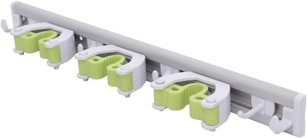 Mop and Broom Holder - Hanging Wall Mount Storage Rack with 3 Slots and 6 Hooks - Adjustable Cleaning Tool Organizer for Garage, Kitchen, and Utility Closet