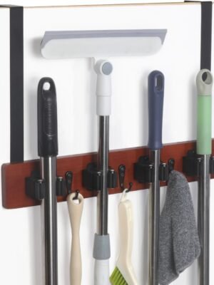 Over The Door Broom and Mop Holder Wood Broom and Mop Holder with 4 Racks and 3 Hooks, Broom Organizer Storage Tool Racks for Home Kitchen Garage Closet Laundry