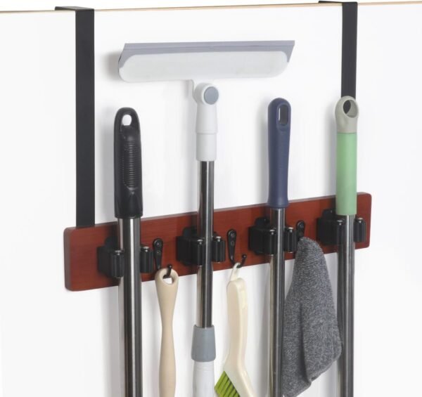 Over The Door Broom and Mop Holder Wood Broom and Mop Holder with 4 Racks and 3 Hooks, Broom Organizer Storage Tool Racks for Home Kitchen Garage Closet Laundry