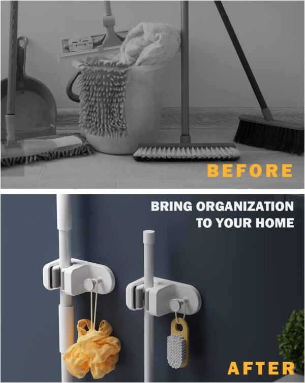 Mop Holder with Hook - Drill Free Wall Mount Broom Gripper, Cleaning Supplies Organizer Utility Holder - 1PCS