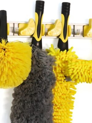 Wall-Mounted Mop and Broom Holder Storage Organizer Cleaning Tools Hanger for Kitchen Garden Laundry Room and Garage (4 slots, 5 hooks)
