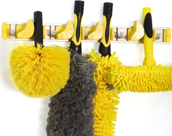 Wall-Mounted Mop and Broom Holder Storage Organizer Cleaning Tools Hanger for Kitchen Garden Laundry Room and Garage (4 slots, 5 hooks)