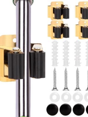 4pcs Anti-Slip Broom and Mop Holder,Wall Mounted Utility Rack with Screws,Stainless Steel Heavy Duty Mop and Broom Hanger,Space-Saving for Kitchen,Home,Bathroom,Garden,Garage Storage.Gold