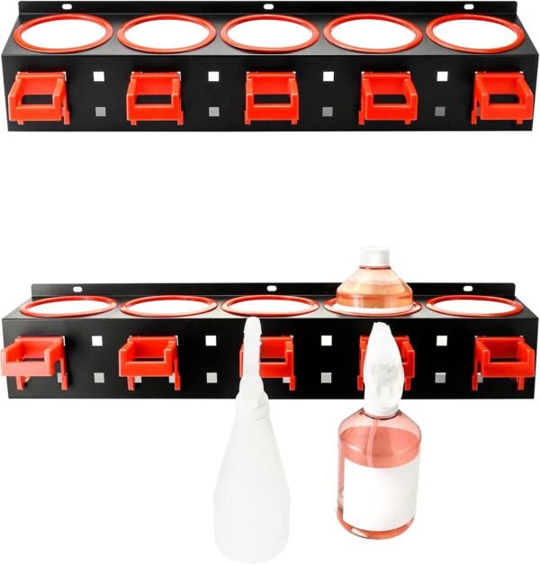 Wall-mounted Spray Bottle Holder, 2 Pack Aerosol Can Rack Organizer - 5 Holes and 5 Plastic Hooks Included for Tidying Up Your Cleaning and Detailing Tools