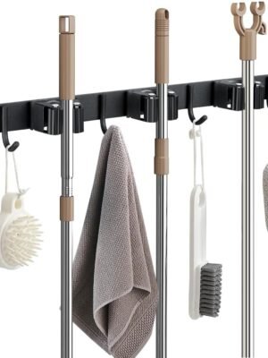Broom Hanger and Mop Holder, Heavy Duty Garden Tool Organizer Rack Rake and Shovel Handle, Stainless Steel Wall Mounted Utility Rack with Screws (3 Racks with 4 Hooks, Matte Black).
