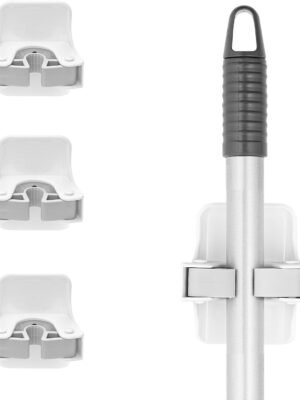 Mop and Broom Holder, Set of 4 Single Piece Hooks, White Plastic Wall Mount Cleaning Storage Tool Organizer, Heavy-Duty Hook for Kitchen, Closet Garage, and Office