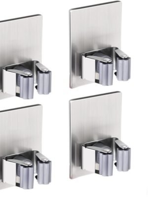 4 Pack Stainless Steel Mop Broom Holder Organizer, Self Adhesive Wall Mounted Mop Organizer Storage Rack Clip for Kitchen Bathroom and Garage (Rectangle, Large)