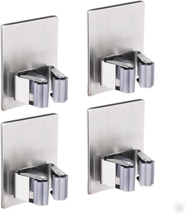 4 Pack Stainless Steel Mop Broom Holder Organizer, Self Adhesive Wall Mounted Mop Organizer Storage Rack Clip for Kitchen Bathroom and Garage (Rectangle, Large)