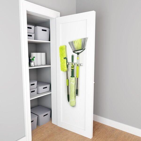 Mop and Broom Holder - Hanging Wall Mount Storage Rack with 3 Slots and 6 Hooks - Adjustable Cleaning Tool Organizer for Garage, Kitchen, and Utility Closet