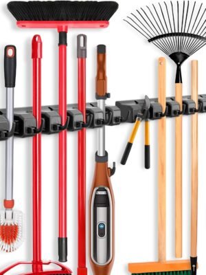 2 Pack Mop and Broom Holder, Wall Mounted Organizer Mop and Broom Storage Tool Rack with 5 Ball Slots and 6 Hooks (Black)