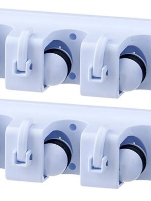 Mop and Broom Holder Wall Mount White (2 Pack) Cleaning Tools Wall Organizer, 5 Rack Slots and 6 Hooks for Kitchen Closet Garage Garden and Office.