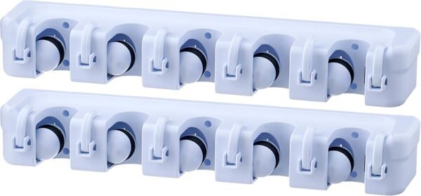 Mop and Broom Holder Wall Mount White (2 Pack) Cleaning Tools Wall Organizer, 5 Rack Slots and 6 Hooks for Kitchen Closet Garage Garden and Office.