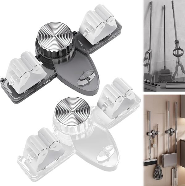 Broom Hanger Mop Hanger, Wall Mount Mop Grippers, No Punching Required Broom Hanger Organizer for Bathroom, Kitchen, Laundry Room, Home Garden, Garage Storage and Organization Rack(2PCS)