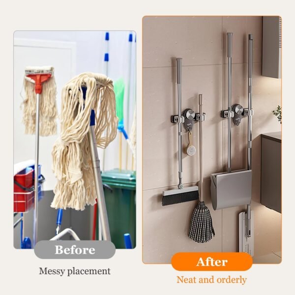 Broom Hanger Mop Hanger, Wall Mount Mop Grippers, No Punching Required Broom Hanger Organizer for Bathroom, Kitchen, Laundry Room, Home Garden, Garage Storage and Organization Rack(2PCS)