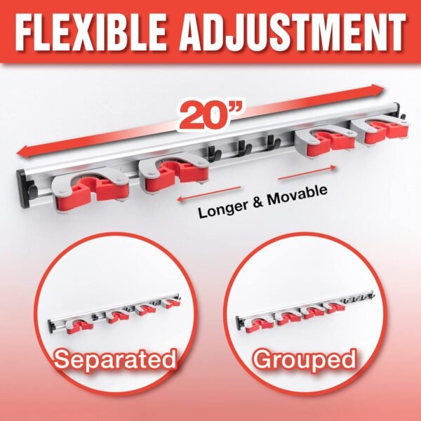 20" Broom Holder Wall Mount - 4 Sliding Broom Mop Holders and 5 Hooks, Moveable Wall Hanging Organizer for Garage, Restaurant, Kitchen and Laundry Room, Perfect for Cleaning Supplies -