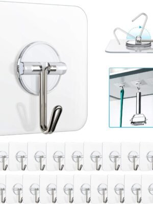 Removable Wall Hooks - 13 LB Ceiling Hooks, Transparent, Seamless, Waterproof & Oil Proof for Kitchen, Bathroom, Office & Window - 10 Pack