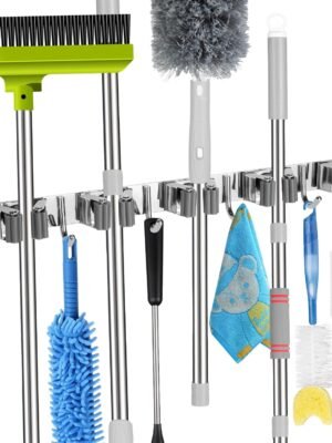 5 Racks and 4 Hooks Mop and Broom Holder Wall Mount, Self Adhesive Heavy Duty Broom Hanger Organizer Storage Tool Racks for Kitchen Garden Laundry Garage