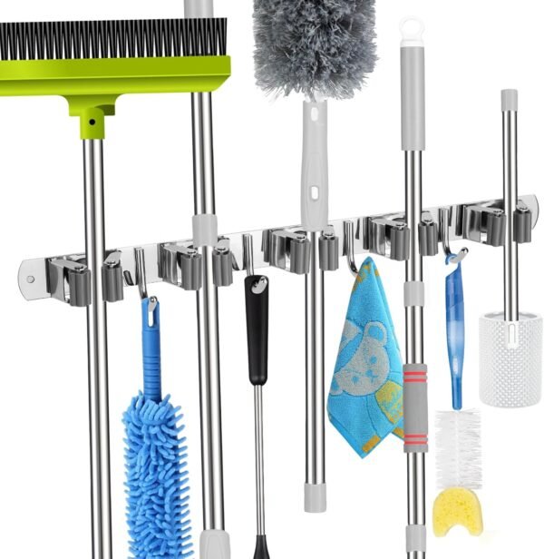 5 Racks and 4 Hooks Mop and Broom Holder Wall Mount, Self Adhesive Heavy Duty Broom Hanger Organizer Storage Tool Racks for Kitchen Garden Laundry Garage