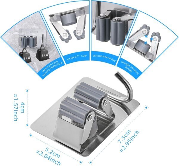 4 Pcs Stainless Steel Broom Holder, Heavy Duty Garden Tool Organizer Rack Rake and Shovel Handle, Rust Resistant Broom Holder Wall Mount for Kitchen Bathroom Closet Garden Garage, Light Gray