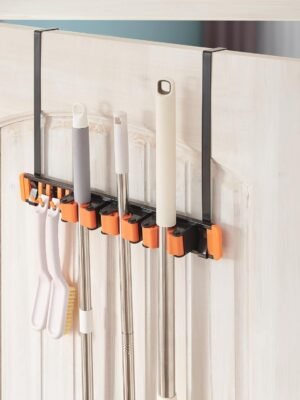 Broom Holder Wall Mount, Drilling Free Mop and Broom Holder with 2 Over Door Hooks, Tool Organizer for Laundry Room, Garage, Kitchen, Closet, Bathroom, Pantry - Orange
