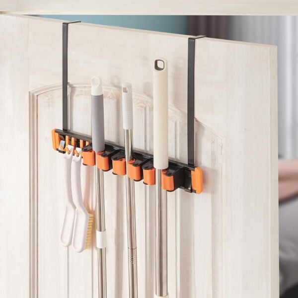 Broom Holder Wall Mount, Drilling Free Mop and Broom Holder with 2 Over Door Hooks, Tool Organizer for Laundry Room, Garage, Kitchen, Closet, Bathroom, Pantry - Orange