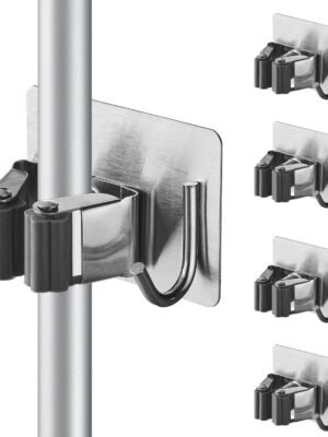 4 Pcs Stainless Steel Broom Holder, Heavy Duty Garden Tool Organizer Rack Rake and Shovel Handle, Rust Resistant Broom Holder Wall Mount for Kitchen Bathroom Closet Garden Garage, Light Gray