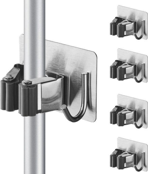 4 Pcs Stainless Steel Broom Holder, Heavy Duty Garden Tool Organizer Rack Rake and Shovel Handle, Rust Resistant Broom Holder Wall Mount for Kitchen Bathroom Closet Garden Garage, Light Gray