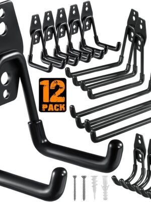 12 Pack Garage Hooks Heavy Duty Utility Steel with Anti-Slip Coating Wall Mount Storage Organizer for Hanging Power and Garden Tools, Ladders, Hose, Bikes, Ropes, Bulk Items, and More
