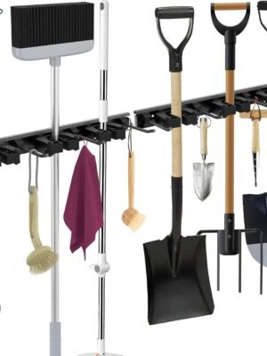 2 Pack Broom Hanger Wall Mount,Tools Storage holder Wall Mounted, Tools holder Heavy Duty, Steel Bracket, Rubber U-frame, 3 Racks And 4 Hooks（G015-2 pack）
