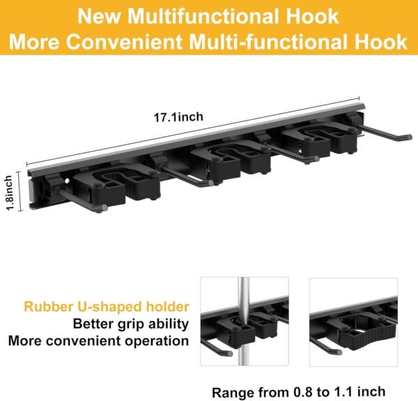 2 Pack Broom Hanger Wall Mount,Tools Storage holder Wall Mounted, Tools holder Heavy Duty, Steel Bracket, Rubber U-frame, 3 Racks And 4 Hooks(G015-2 pack)