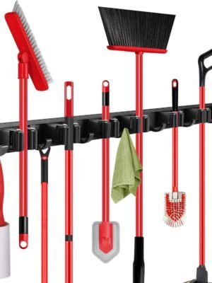 30'' Broom and Mop Holder Wall Mount with Movable Sliding 7 Racks 8 Hooks, Storage Organizer Wall Hanger, Cleaning Tool Hanging Grippers for Kitchen Bathroom Garden Garage Laundry Home Closet