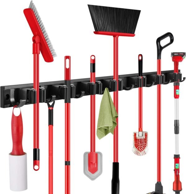 30'' Broom and Mop Holder Wall Mount with Movable Sliding 7 Racks 8 Hooks, Storage Organizer Wall Hanger, Cleaning Tool Hanging Grippers for Kitchen Bathroom Garden Garage Laundry Home Closet