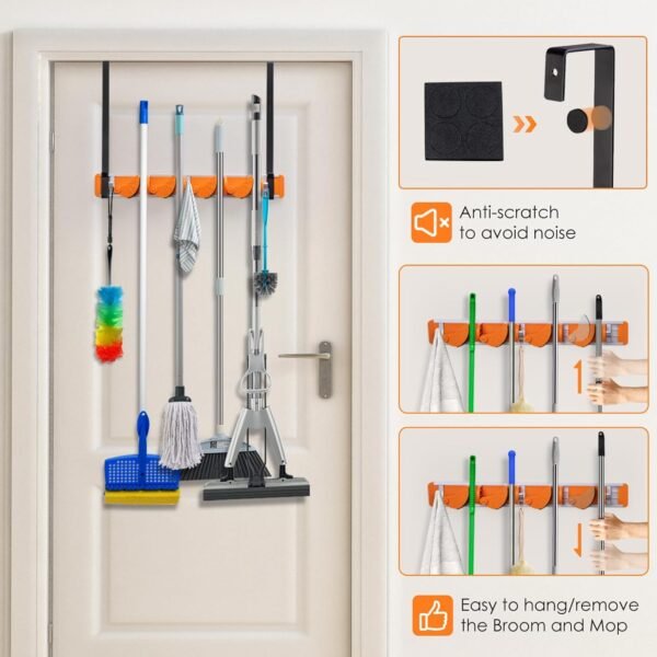 Over The Door Broom and Mop Holder with 2 Hooks, broom and mop holder Tool Rack Organizer for Laundry Room Garage Kitchen Bathroom,4 Slots & 3 Hooks (Orange)