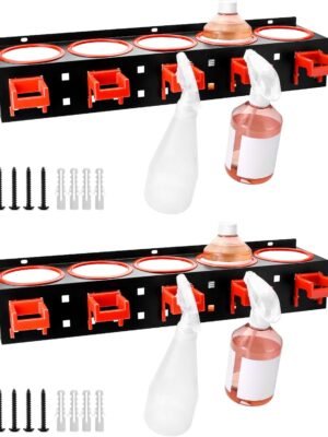 Wall-mounted Spray Bottle Holder, 2 Pack Aerosol Can Rack Organizer - 5 Holes and 5 Plastic Hooks Included for Tidying Up Your Cleaning and Detailing Tools