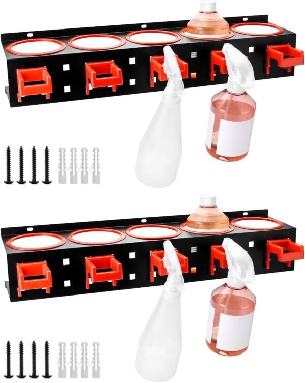 Wall-mounted Spray Bottle Holder, 2 Pack Aerosol Can Rack Organizer - 5 Holes and 5 Plastic Hooks Included for Tidying Up Your Cleaning and Detailing Tools