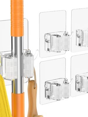 Broom Holder Wall Mount, 4 Pack New Version Adhesive Mop and Broom Holder Wall Mount, Super Anti-Slip Broom Hanger Mop Organizer Wall Hanging for Bathroom, Kitchen, Laundry Room