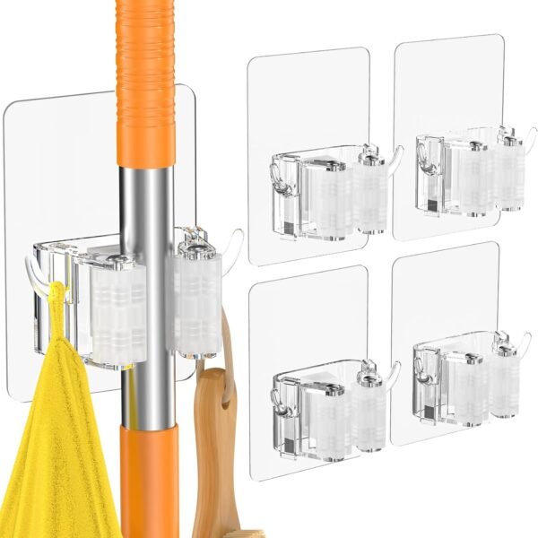 Broom Holder Wall Mount, 4 Pack New Version Adhesive Mop and Broom Holder Wall Mount, Super Anti-Slip Broom Hanger Mop Organizer Wall Hanging for Bathroom, Kitchen, Laundry Room