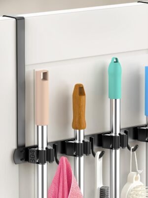 Broom Holder Over The Door - 304 Stainless Steel Mop and Broom Holder Wall Mounted or Hanging Over The Door with Hooks - Broom Hanger, Broom Storage Tool Organizer for Garage Closet Laundry