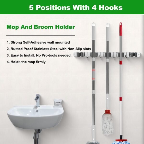 5 Racks and 4 Hooks Mop and Broom Holder Wall Mount, Self Adhesive Heavy Duty Broom Hanger Organizer Storage Tool Racks for Kitchen Garden Laundry Garage