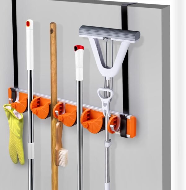 Over The Door Broom and Mop Holder with 2 Hooks, broom and mop holder Tool Rack Organizer for Laundry Room Garage Kitchen Bathroom,4 Slots & 3 Hooks (Orange)