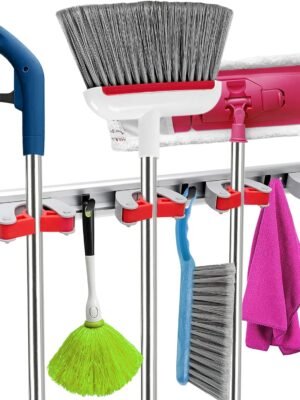 20" Broom Holder Wall Mount - 4 Sliding Broom Mop Holders and 5 Hooks, Moveable Wall Hanging Organizer for Garage, Restaurant, Kitchen and Laundry Room, Perfect for Cleaning Supplies -