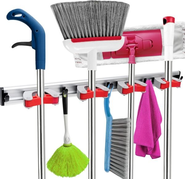 20" Broom Holder Wall Mount - 4 Sliding Broom Mop Holders and 5 Hooks, Moveable Wall Hanging Organizer for Garage, Restaurant, Kitchen and Laundry Room, Perfect for Cleaning Supplies -