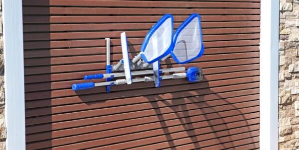 Wall or Fence Mounted Swimming Pool Accessory and Maintenance Equipment Organizer Unit with Hooks, Strap, and Setup Kit