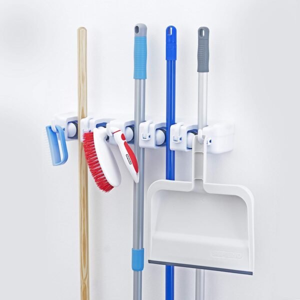 Mop and Broom Holder Wall Mount White (2 Pack) Cleaning Tools Wall Organizer, 5 Rack Slots and 6 Hooks for Kitchen Closet Garage Garden and Office.